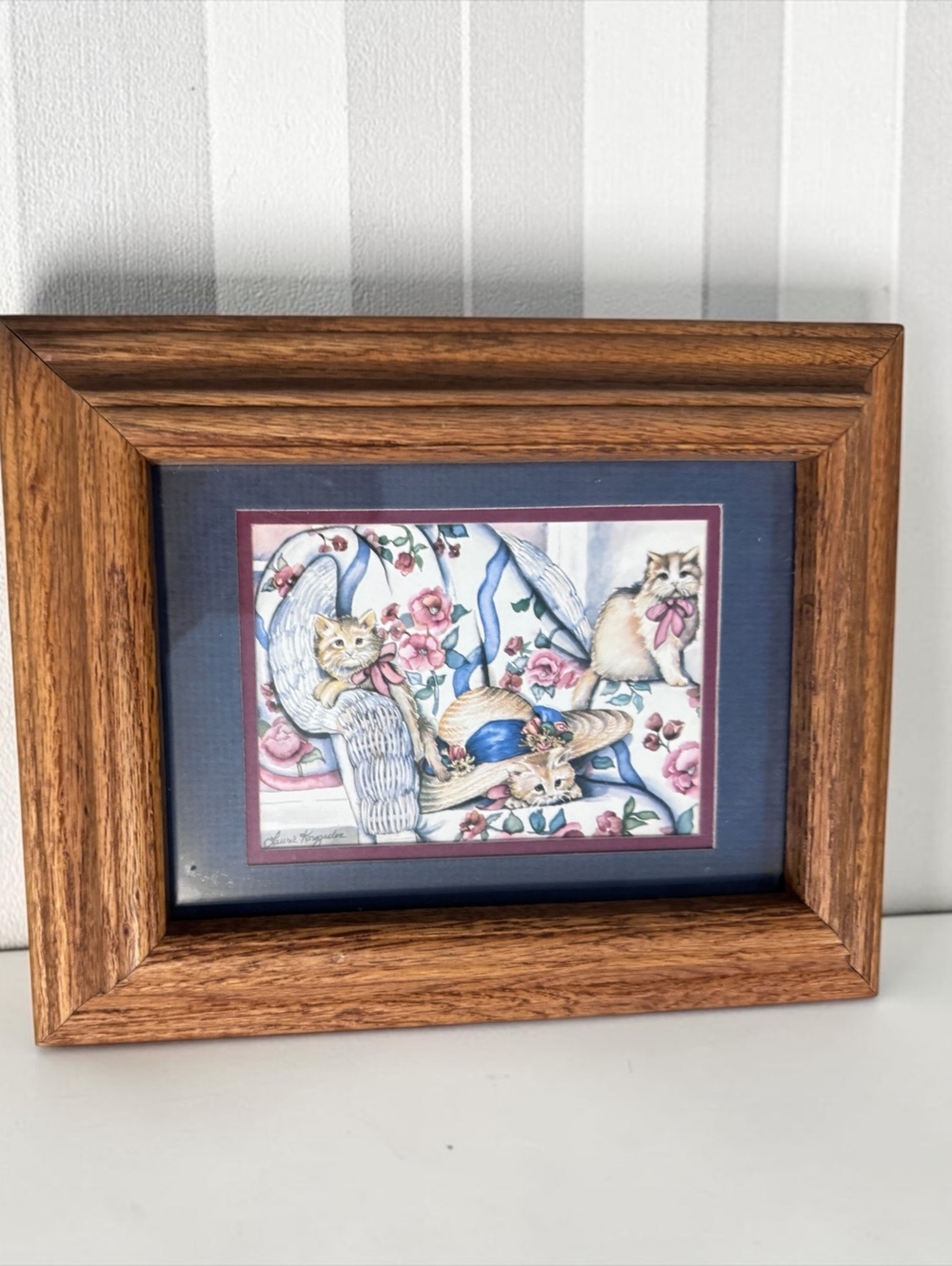 Vintage Framed Art Print of Cats with Floral Hat Scene